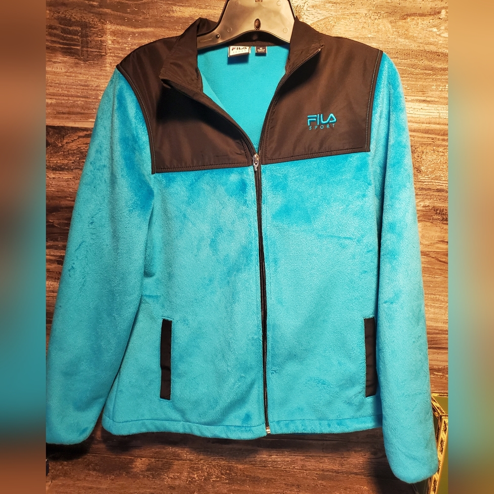 FILA Sport Women's Blue Black Fleece Full Zip Jacket, Size Medium missing zipper